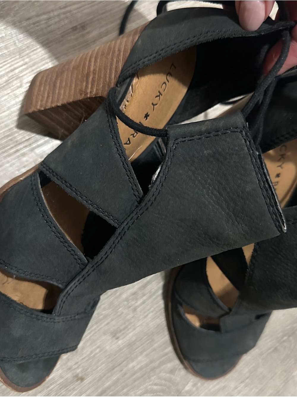 Lucky Brand Black Suede Cutout Lace-Up Block Heel Sandals